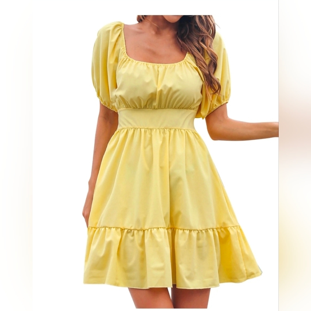 Summer Chiffon Solid Color Square Neck Lace Up Swing Mini Dress